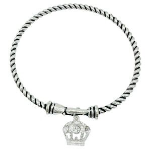 Crown Charm Cable Twist Bangle Bracelet Silver Tone